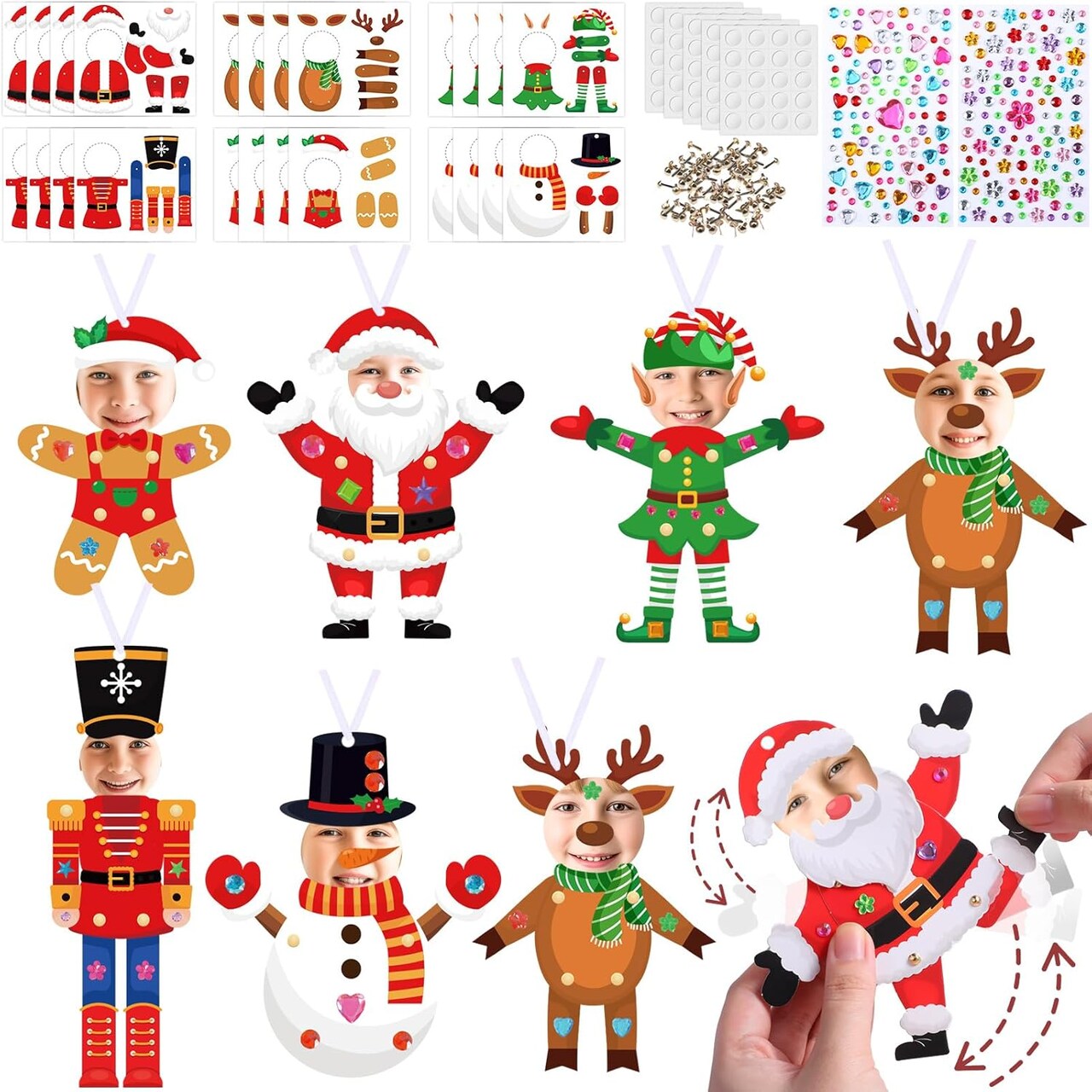 24 Pack DIY Christmas Photo Ornament Craft Kit – Add Your Own Face Santa, Reindeer, Nutcracker, Gingerbread Man, Snowman & Elf Ornaments with Stickers, Ribbon & Glue Dots for Funny Personalized Xmas Decorations